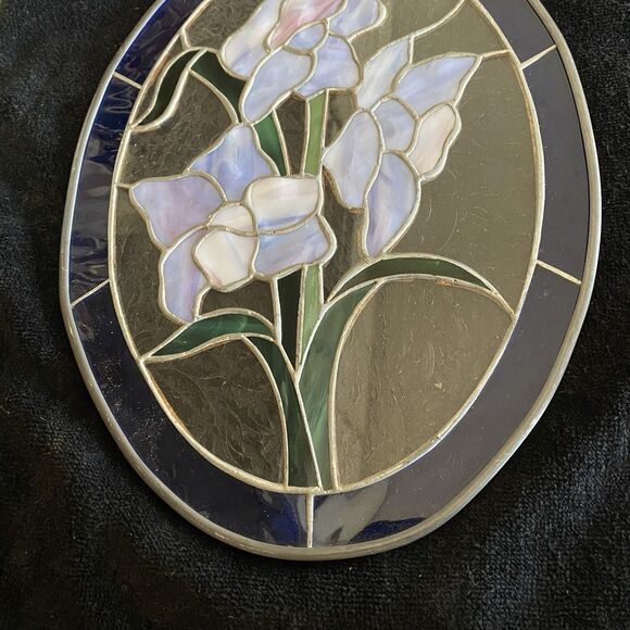 Vintage Handcrafted Large Stained Glass Suncatcher With Iris Flowers. No Cracks! - Picture 2 of 8